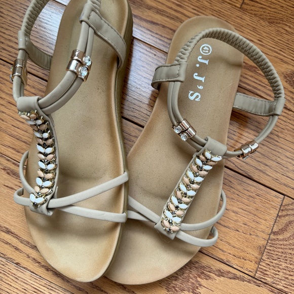J.J's Brand Sandal with Beige Straps and Gold/Rhinestone Embellishments - Picture 4 of 5